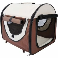 PawHut Sac De Transport Pour Chien Et Chat Pliable - Poignée, Entrée Zippée, Fenêtres Maillées Enroulables- Coussin Inclus - Acier Oxford Marron Beige