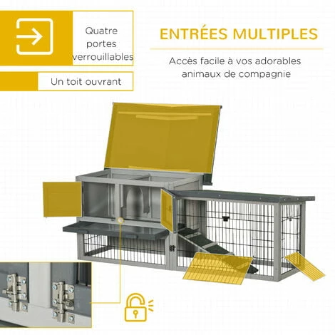PawHut Clapier cage à lapins rongeurs 2 niveaux - 4 portes verrouillables, tiroir à déjection, toit ouvrable intégral bitumé - métal noir bois sapin gris - Gris PawHut Clapier Cage à Lapins Rongeurs 2 Niveaux - 4 Portes Verrouillables, Tiroir à Déjection, Toit Ouvrable Intégral Bitumé - Métal Noir Bois Sapin Gris - Gris -PawHut Soldes Boutique 51254875 5