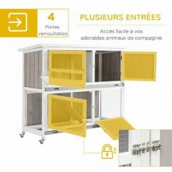 PawHut Clapier à Lapin Cage à Lapin 2 étages Trappe Séparation Amovible 4 Portes Verrouillables 2 Plateaux Déjection Rampe Roulettes Toit Bitumé Sapin Gris Blanc - Gris -PawHut Soldes Boutique 51254888 5