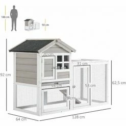 PawHut Clapier Cage à Lapins Cottage - Niche Supérieure Avec Rampe Et Enclos Extérieur - Plateau Excrément, Toit Bitumé, 4 Portes Verrouillables - Bois Sapin Blanc Gris - Gris -PawHut Soldes Boutique 51254894 3