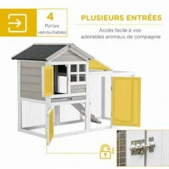 PawHut Clapier Cage à Lapins Cottage - Niche Supérieure Avec Rampe Et Enclos Extérieur - Plateau Excrément, Toit Bitumé, 4 Portes Verrouillables - Bois Sapin Blanc Gris - Gris -PawHut Soldes Boutique 51254894 4