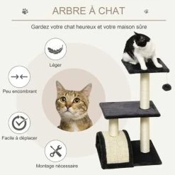 PawHut Arbre à Chat Griffoir Grattoir Design Jeu Boule Suspendue 2 Plateformes Peluche Sisal Naturel Gris - Gris -PawHut Soldes Boutique 52476702 4