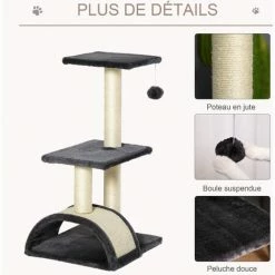 PawHut Arbre à Chat Griffoir Grattoir Design Jeu Boule Suspendue 2 Plateformes Peluche Sisal Naturel Gris - Gris -PawHut Soldes Boutique 52476702 5