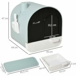 PawHut Maison De Toilette Bac à Litière Pour Chat Avec Porte Battante, Pelle Et Filtre Inclus Dim. 43L X 44l X 47H Cm PP Bleu -PawHut Soldes Boutique 53569989 3