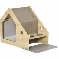 PawHut Niche D'intérieur Pour Chien Et Chat Design Avec 2 Gamelles Et Coussin Amovible MDF Aspect Bois Clair Tissu Brun Clair