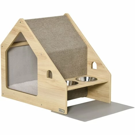 PawHut Niche d'intérieur pour chien et chat design avec 2 gamelles et coussin amovible MDF aspect bois clair tissu brun clair PawHut Niche D'intérieur Pour Chien Et Chat Design Avec 2 Gamelles Et Coussin Amovible MDF Aspect Bois Clair Tissu Brun Clair -PawHut Soldes Boutique 53591999 1