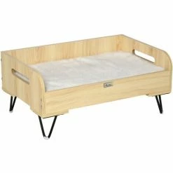 PawHut Canapé Chien Chat Style Cosy Naturel Avec Coussin Aspect Fourrure Blanc Dim. 70L X 45l X 31,5H Cm Pieds Acier En épingles Lit MDF Aspect Bois Clair Naturel