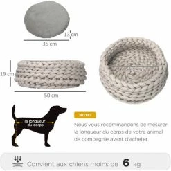PawHut Panier Pour Chien Chat Ø50 X 19H Cm Effet Tressé Tricot - Coussin Amovible Et Lavable En Machine - Polyester Gris - Gris -PawHut Soldes Boutique 53592003 3