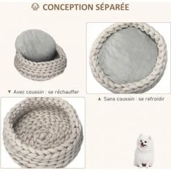 PawHut Panier Pour Chien Chat Ø50 X 19H Cm Effet Tressé Tricot - Coussin Amovible Et Lavable En Machine - Polyester Gris - Gris -PawHut Soldes Boutique 53592003 5