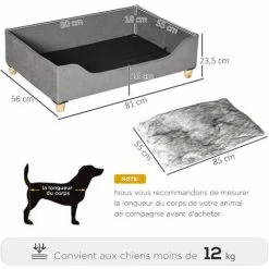 PawHut Canapé Lit Panier Pour Chien Moderne Avec Coussin Doux Et Lavable, Pieds En Bois - Gris - Gris -PawHut Soldes Boutique 53592004 3
