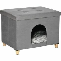 PawHut Niche Chat Maison De Chat Sur Pied Repose-pied 2 En 1 - Coussin Inclus - Pliable - MDF Peluche Suédé Gris