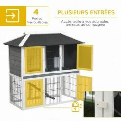 PawHut Clapier Cage à Lapin 2 étages 4 Portes Verrouillables Plateau Coulissant Rampe - Dim. 117L X 62,5l X 115H Cm - Bois De Sapin Gris Blanc - Gris -PawHut Soldes Boutique 54128114 5