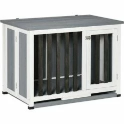 PawHut Cage Pour Chien Animaux Pliable Dim. 84L X 51l X 61H Cm Porte Verrouillable Toit Ouvrant Plateau Déjection Bois Sapin Gris Blanc Noir - Gris