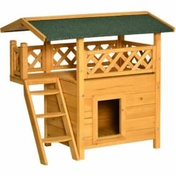 PawHut Maison Lodge - Niche Villa Avec Terrasse, Escalier, Toit Pour Chien Chat - Dim. 77L X 50l X 73H Cm - Bois Sapin Pré-huilé - Orange