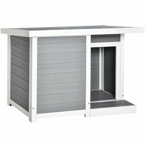PawHut Niche chien style cottage dim. 102L x 70l x 73H cm - porte, terrasse, toit ouvrant - bois composite blanc gris - Gris PawHut Niche Chien Style Cottage Dim. 102L X 70l X 73H Cm - Porte, Terrasse, Toit Ouvrant - Bois Composite Blanc Gris - Gris -PawHut Soldes Boutique 56481248 1