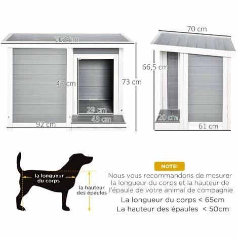 PawHut Niche chien style cottage dim. 102L x 70l x 73H cm - porte, terrasse, toit ouvrant - bois composite blanc gris - Gris PawHut Niche Chien Style Cottage Dim. 102L X 70l X 73H Cm - Porte, Terrasse, Toit Ouvrant - Bois Composite Blanc Gris - Gris -PawHut Soldes Boutique 56481248 3
