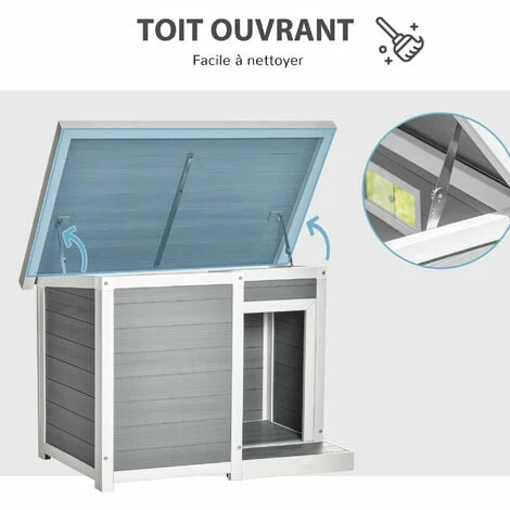 PawHut Niche chien style cottage dim. 102L x 70l x 73H cm - porte, terrasse, toit ouvrant - bois composite blanc gris - Gris PawHut Niche Chien Style Cottage Dim. 102L X 70l X 73H Cm - Porte, Terrasse, Toit Ouvrant - Bois Composite Blanc Gris - Gris -PawHut Soldes Boutique 56481248 5