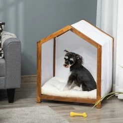 PawHut Niche D'intérieur Pour Chien En Bois Et Tissu Style Cabane Scandinave Avec Coussin Moelleux - Marron -PawHut Soldes Boutique 56481254 4
