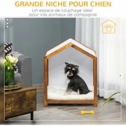 PawHut Niche D'intérieur Pour Chien En Bois Et Tissu Style Cabane Scandinave Avec Coussin Moelleux - Marron -PawHut Soldes Boutique 56481254 5