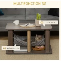 PawHut Table Basse Arbre à Chat 2 En 1 - Centre D'activités Avec Hamac, Griffoirs - Dim. 79L X 59l X 45,5H Cm - Polyester Aspect Bois Gris - Gris -PawHut Soldes Boutique 56481276 4
