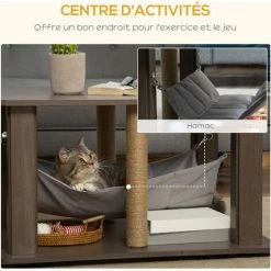PawHut Table Basse Arbre à Chat 2 En 1 - Centre D'activités Avec Hamac, Griffoirs - Dim. 79L X 59l X 45,5H Cm - Polyester Aspect Bois Gris - Gris -PawHut Soldes Boutique 56481276 5