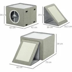 PawHut Maison Niche Pour Chat Pliable - 2 Coussins Moelleux, Boule Suspendue, Grattoir - Dim. 73 X 42 X 34 Cm - MDF Sisal Polyester Gris - Gris -PawHut Soldes Boutique 56481282 3
