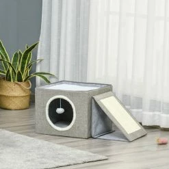 PawHut Maison Niche Pour Chat Pliable - 2 Coussins Moelleux, Boule Suspendue, Grattoir - Dim. 73 X 42 X 34 Cm - MDF Sisal Polyester Gris - Gris -PawHut Soldes Boutique 56481282 4