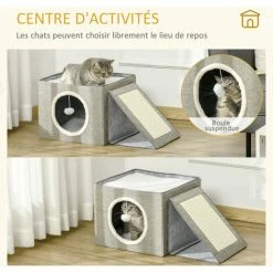 PawHut Maison Niche Pour Chat Pliable - 2 Coussins Moelleux, Boule Suspendue, Grattoir - Dim. 73 X 42 X 34 Cm - MDF Sisal Polyester Gris - Gris -PawHut Soldes Boutique 56481282 5