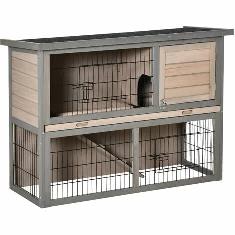 PawHut Clapier à lapin cage à lapin 2 étages 3 portes verrouillables plateau coulissant rampe et toit ouvrant bois de sapin gris PawHut Clapier à Lapin Cage à Lapin 2 étages 3 Portes Verrouillables Plateau Coulissant Rampe Et Toit Ouvrant Bois De Sapin Gris -PawHut Soldes Boutique 56842170 1