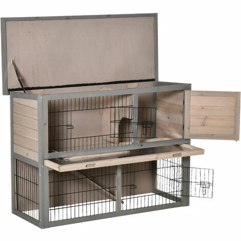 PawHut Clapier à lapin cage à lapin 2 étages 3 portes verrouillables plateau coulissant rampe et toit ouvrant bois de sapin gris PawHut Clapier à Lapin Cage à Lapin 2 étages 3 Portes Verrouillables Plateau Coulissant Rampe Et Toit Ouvrant Bois De Sapin Gris -PawHut Soldes Boutique 56842170 4
