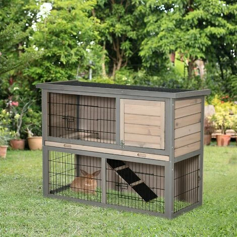 PawHut Clapier à lapin cage à lapin 2 étages 3 portes verrouillables plateau coulissant rampe et toit ouvrant bois de sapin gris PawHut Clapier à Lapin Cage à Lapin 2 étages 3 Portes Verrouillables Plateau Coulissant Rampe Et Toit Ouvrant Bois De Sapin Gris -PawHut Soldes Boutique 56842170 5