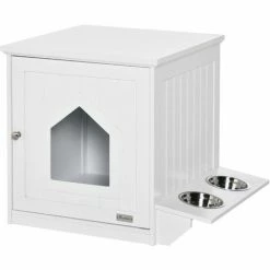 PawHut Maison De Toilette Pour Chat Design Porte Forme Maisonnette - Porte 2 Gamelles Intégré - Dim. 64L X 51l X 51,8H Cm - MDF Blanc
