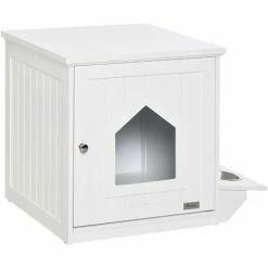 PawHut Maison De Toilette Pour Chat Design Porte Forme Maisonnette - Porte 2 Gamelles Intégré - Dim. 64L X 51l X 51,8H Cm - MDF Blanc -PawHut Soldes Boutique 57125685 4