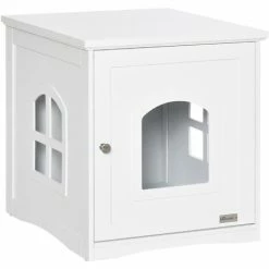 PawHut Maison De Toilette Pour Chat Design Maisonnette Avec Porte, Fenêtres - Dim. 48,7L X 53,3l X 53H Cm - MDF Blanc - Blanc