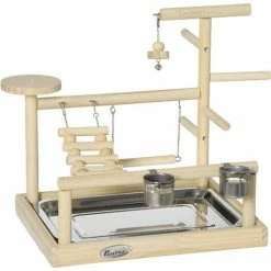 PawHut Aire De Jeu Perchoir Pour Perroquets, Perruches - Passerelle, Grelot, Balançoire, 2 Bols, Plateau Excrément - Acier Inox. Bois De Pin - Beige