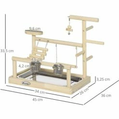 PawHut Aire De Jeu Perchoir Pour Perroquets, Perruches - Passerelle, Grelot, Balançoire, 2 Bols, Plateau Excrément - Acier Inox. Bois De Pin - Beige -PawHut Soldes Boutique 57600913 3