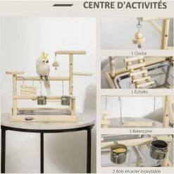 PawHut Aire De Jeu Perchoir Pour Perroquets, Perruches - Passerelle, Grelot, Balançoire, 2 Bols, Plateau Excrément - Acier Inox. Bois De Pin - Beige -PawHut Soldes Boutique 57600913 4