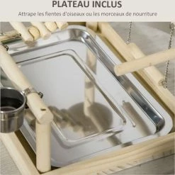 PawHut Aire De Jeu Perchoir Pour Perroquets, Perruches - Passerelle, Grelot, Balançoire, 2 Bols, Plateau Excrément - Acier Inox. Bois De Pin - Beige -PawHut Soldes Boutique 57600913 5