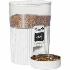PawHut Distributeur De Nourriture Chat Chien - Distributeur De Croquettes Automatique Programmable - Gamelle Incluse - Acier Inox. ABS Blanc - Blanc