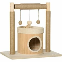 PawHut Arbre à Chat Griffoirs Grattoirs Jute Jeu Boules Suspendues Plateforme Ronde Niche - Dim. 60L X 40l X 60H Cm - Panneaux Particules Pin Bambou - Beige