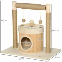 PawHut Arbre à Chat Griffoirs Grattoirs Jute Jeu Boules Suspendues Plateforme Ronde Niche - Dim. 60L X 40l X 60H Cm - Panneaux Particules Pin Bambou - Beige -PawHut Soldes Boutique 58393153 3