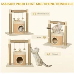 PawHut Arbre à Chat Griffoirs Grattoirs Jute Jeu Boules Suspendues Plateforme Ronde Niche - Dim. 60L X 40l X 60H Cm - Panneaux Particules Pin Bambou - Beige -PawHut Soldes Boutique 58393153 5