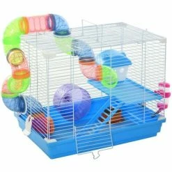 PawHut Cage à Hamster Rongeur 2 Niveaux Avec Tunnel, Biberon Eau, Roue, Maisonnette, échelles - Dim. 46L X 30l X 37H Cm - Métal Blanc PP Bleu - Bleu
