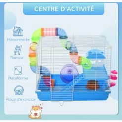 PawHut Cage à Hamster Rongeur 2 Niveaux Avec Tunnel, Biberon Eau, Roue, Maisonnette, échelles - Dim. 46L X 30l X 37H Cm - Métal Blanc PP Bleu - Bleu -PawHut Soldes Boutique 58393157 5