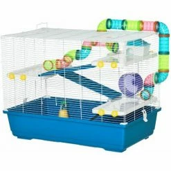 PawHut Grande Cage à Hamsters 4 Niveaux - Tunnels, Abreuvoir, Mangeoire, Roue, Maisonnette, échelles - Dim. 79L X 46l X 60H Cm - Métal PP Bleu Blanc - Bleu