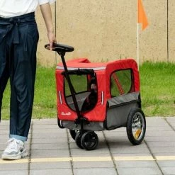 PawHut Remorque Vélo Jogger 2 En 1 Pour Animaux Drapeau Roue Avant Pivotante Réflecteurs Et Barre D'attelage Inclus Rouge Gris - Rouge -PawHut Soldes Boutique 60274177 4