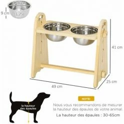 PawHut Gamelle Double Chien Chat - Porte-gamelles Surélevé - Hauteur, Inclinaison Réglables - 2 Gamelles Acier Inox. Incluses Bois Pin - Beige -PawHut Soldes Boutique 60940588 3