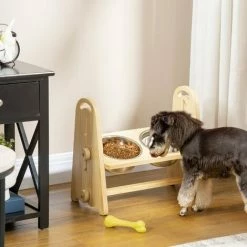 PawHut Gamelle Double Chien Chat - Porte-gamelles Surélevé - Hauteur, Inclinaison Réglables - 2 Gamelles Acier Inox. Incluses Bois Pin - Beige -PawHut Soldes Boutique 60940588 4