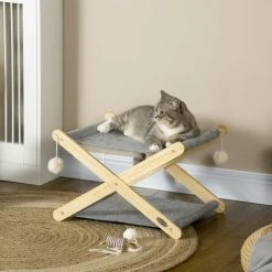 PawHut Lit Pliable Pour Chat - Hamac Chat 2 Niveaux - Jeu 2 Boules Suspendues - Bois De Pin Feutre Gris - Gris -PawHut Soldes Boutique 61063635 4