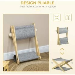 PawHut Lit Pliable Pour Chat - Hamac Chat 2 Niveaux - Jeu 2 Boules Suspendues - Bois De Pin Feutre Gris - Gris -PawHut Soldes Boutique 61063635 5